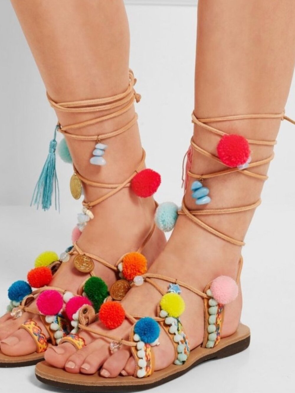 MABU by Maria BK Brown Leather Strappy Pom Pom Flat Sandals Women's Size 40
